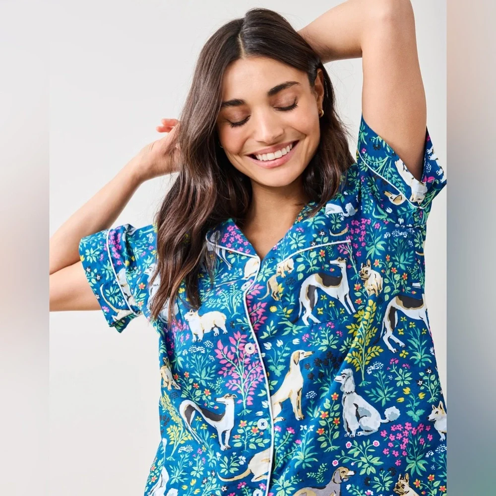 Printfresh Blue Floral & Dog-Print Short Pajama Set